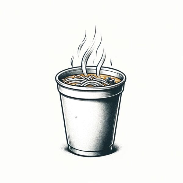A minimalistic illustration of a steaming cup of noodle soup in a styrofoam cup, with visible noodles and slices of green onion. The simple design and limited color palette highlight the comforting warmth of the quick meal.