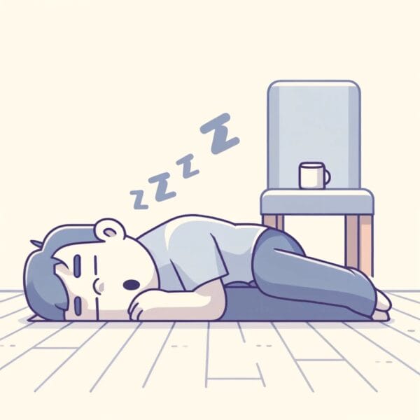 A minimalistic illustration of a man snoring on the floor, in, front of a chair, depicted without any objects underneath him, emphasizing the simplicity of the scene.