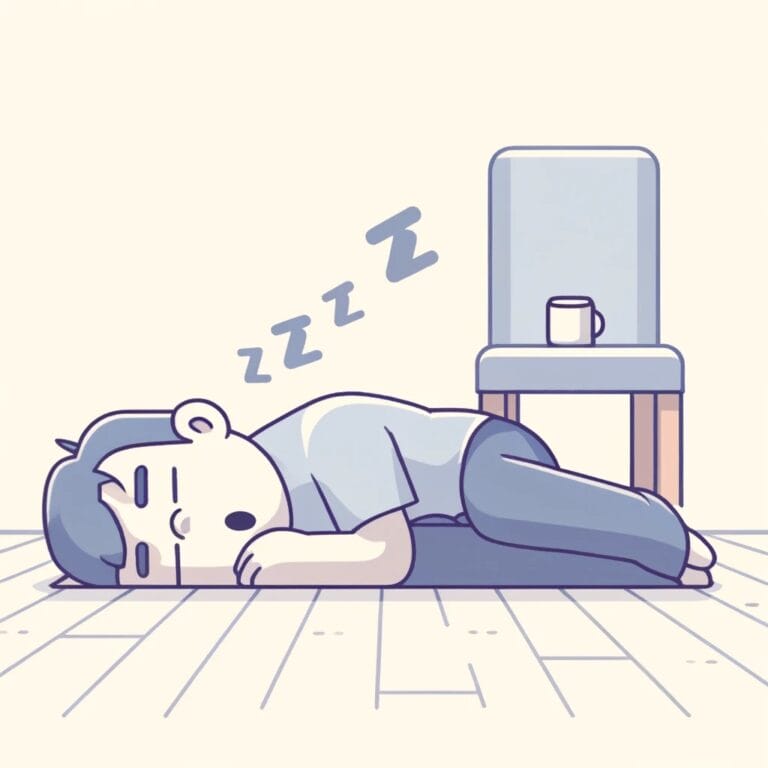 A minimalistic illustration of a man snoring on the floor, in, front of a chair, depicted without any objects underneath him, emphasizing the simplicity of the scene.