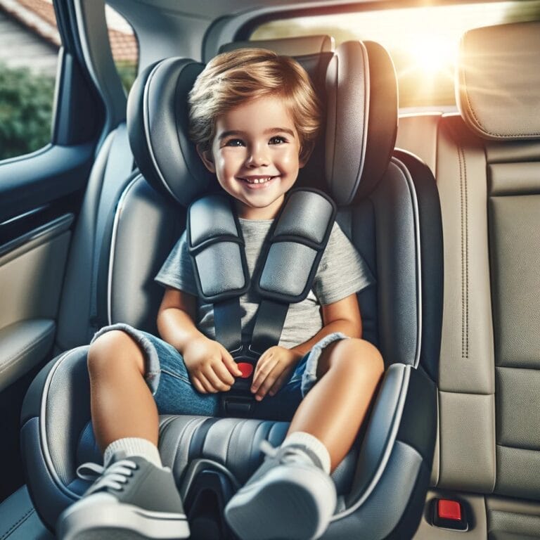 An image depicting a joyful child secured in a car seat, highlighting the essence of safety and happiness during a car ride.