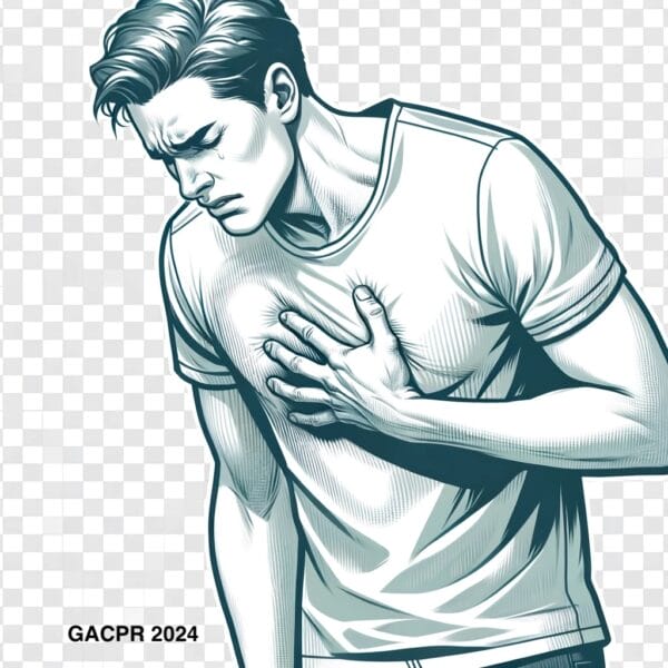 A man is depicted from the waist up, facing forward, expressing discomfort by placing his left hand over his chest to indicate chest pain
