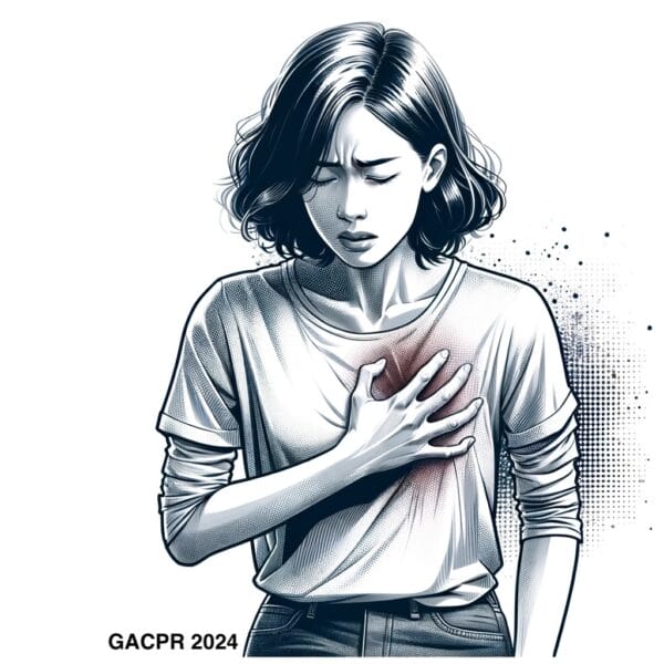 An illustration depicting a woman clutching the left side of her chest in distress, visually representing the experience of chest pain.