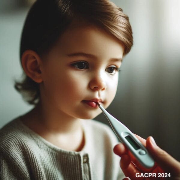 "A calm child sits quietly with a thermometer under her tongue, during a health check at home."