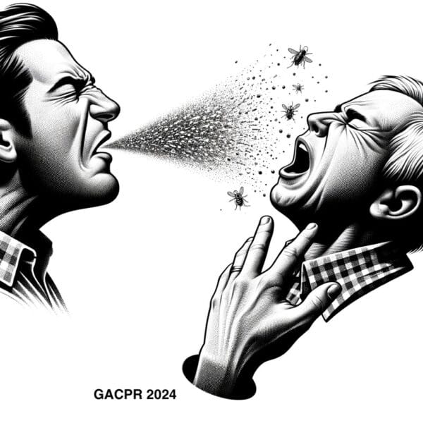 An illustrative depiction of one person sneezing on another, capturing the dynamic and unexpected moment with visible sneeze droplets and expressive reactions, against a nonexistant background.