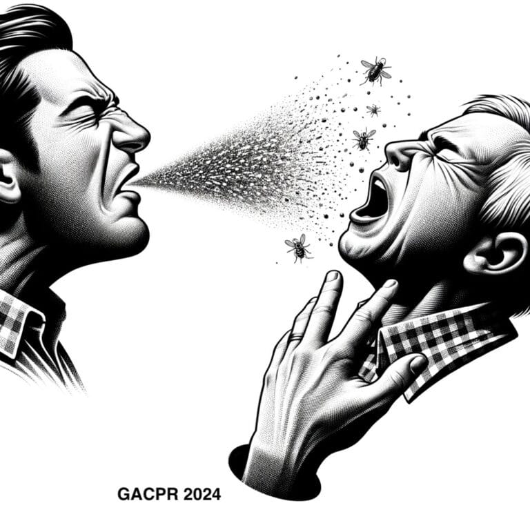 An illustrative depiction of one person sneezing on another, capturing the dynamic and unexpected moment with visible sneeze droplets and expressive reactions, against a nonexistant background.