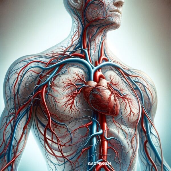An educational illustration depicting the intricate network of the human body's veins and arteries, using contrasting colors to highlight the vital circulatory system.