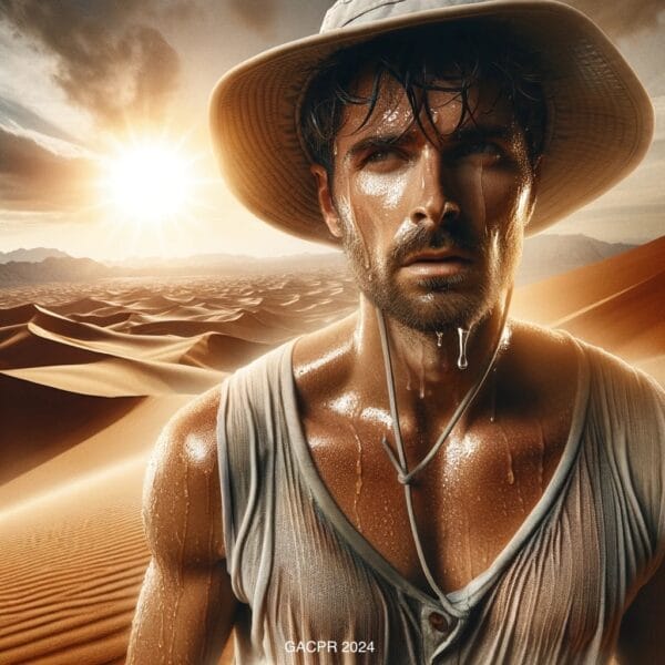 An image portraying a sweating man braving the extreme heat of the desert, against a backdrop of vast sand dunes.