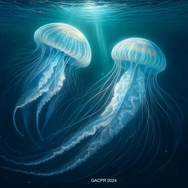An illustration showcasing two jellyfish floating elegantly in the tranquil depths of the sea, their bodies glowing and tentacles trailing, embodying the serene beauty of marine life.
