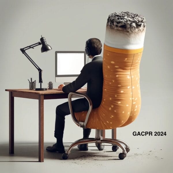 A man is shown sitting at a simple desk on which there is a lamp, cups and a computer. The seat and back of the chair on which the man is sitting is a lit cigarette, illustrating the idea that sitting, is like smoking, in regards to one's health.