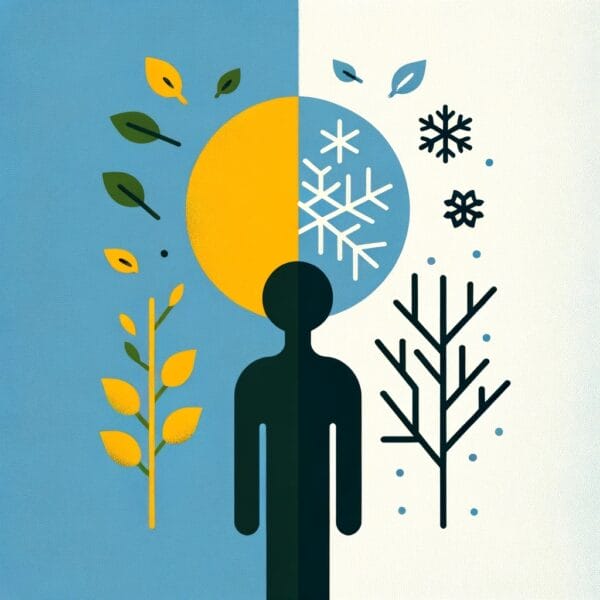 This abstract image visually represents Seasonal Affective Disorder by contrasting vibrant summer elements, like a bright sun and green leaves, against the starkness of winter, depicted in muted blues and grays. A central silhouette transitions from an upright posture on the summer side to a slumped position on the winter side, symbolizing the condition's emotional impact.