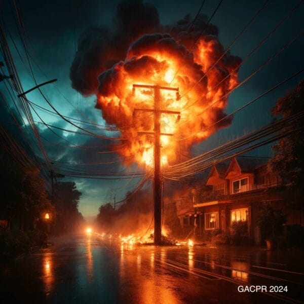 A vivid depiction of downed power lines ablaze on a stormy suburban street, casting an eerie glow on the rain-drenched surroundings.