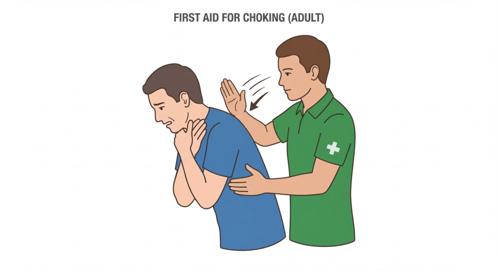 Illustration of a person delivering back blows before abdominal thrusts for choking to an adult from behind, side view